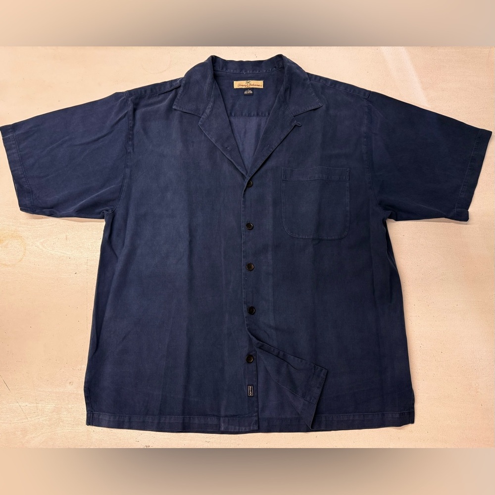 TOMMY BAHAMA Dark Blue Herringbone Silk Shirt L